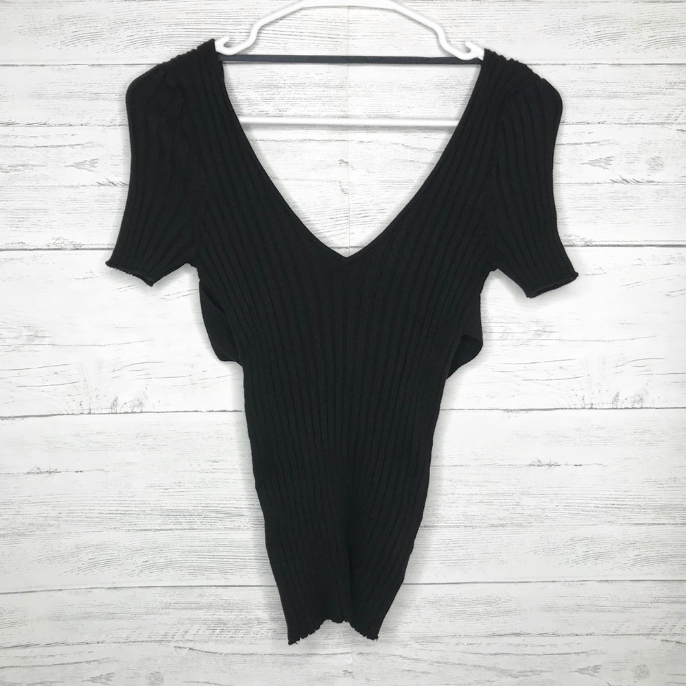 Free People Black Ribbed Knit V Neck Top
